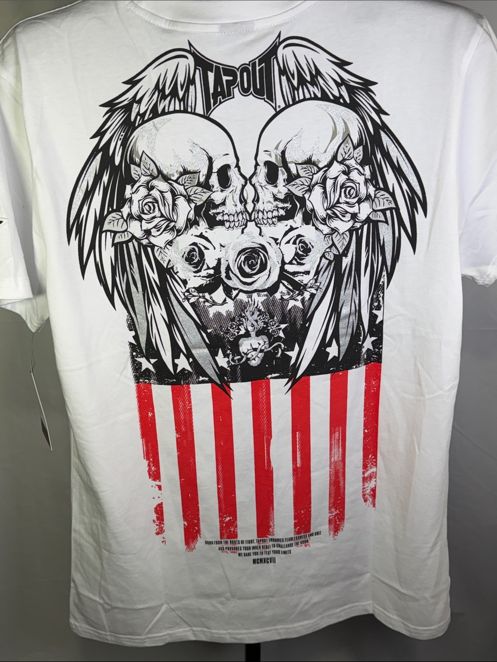 Tapout White Short Sleeve Tee with Red & Black Flag Graphic - Picture 9 of 11